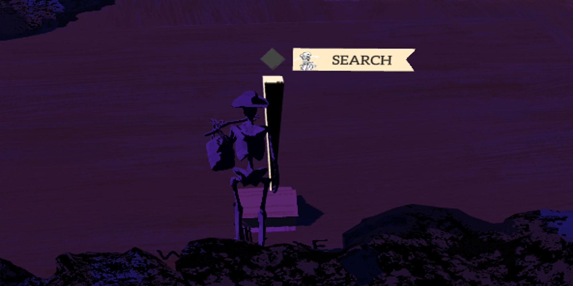 Purple background, house with the option to search, skeleton standing in front