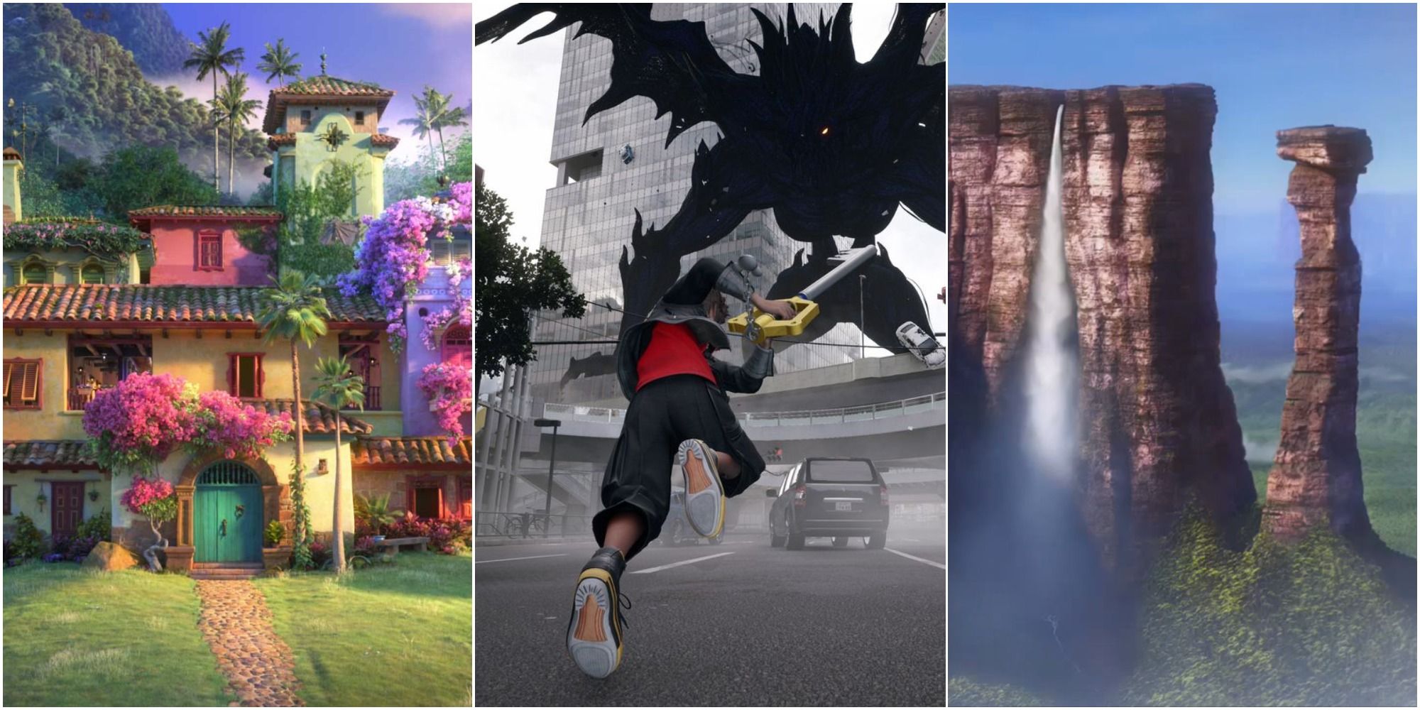 A collage showing Sora from the Kingdom Heart 4 reveal along with Casa Madrigal and Paradise Falls