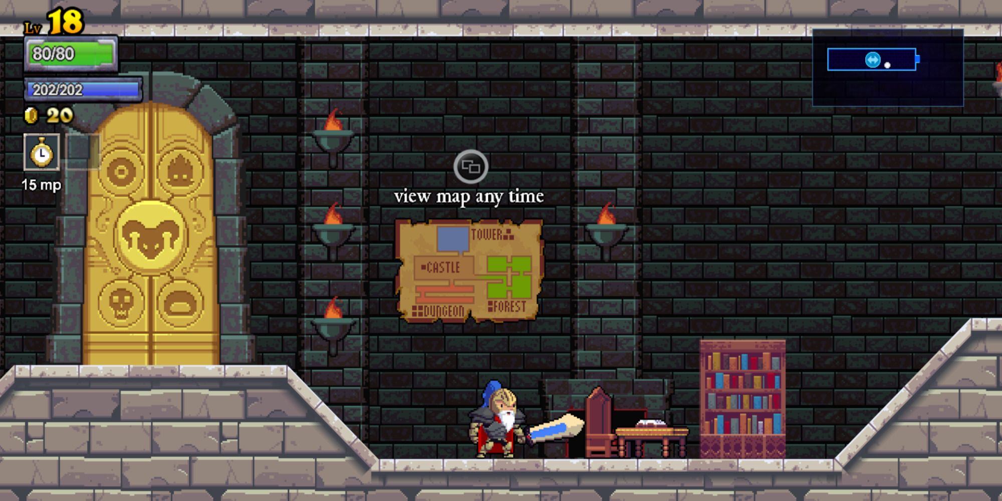 knight character in library area to learn about the map in rogue legacy