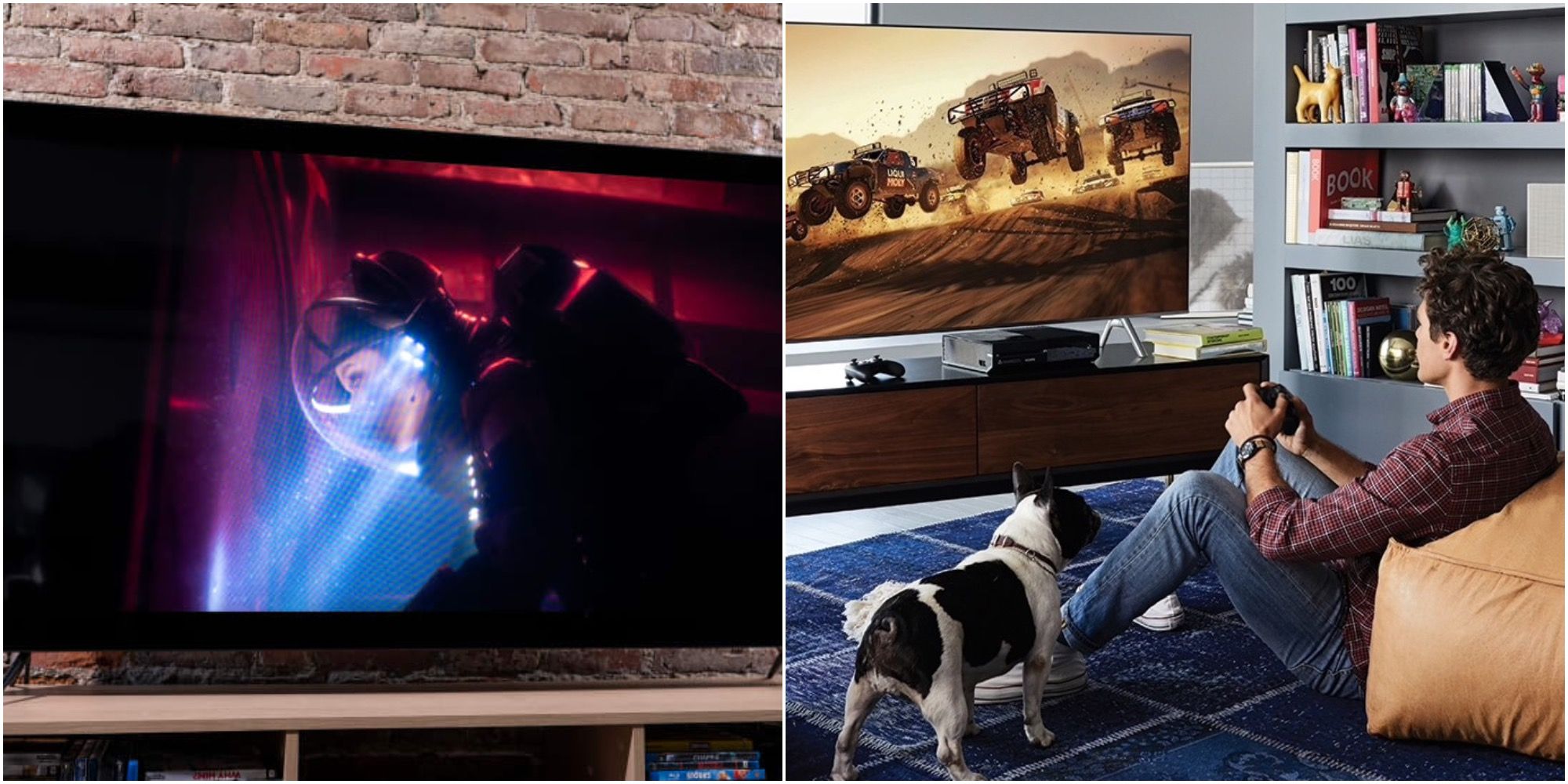 Sci-fi on tv next to Gamer with Dog