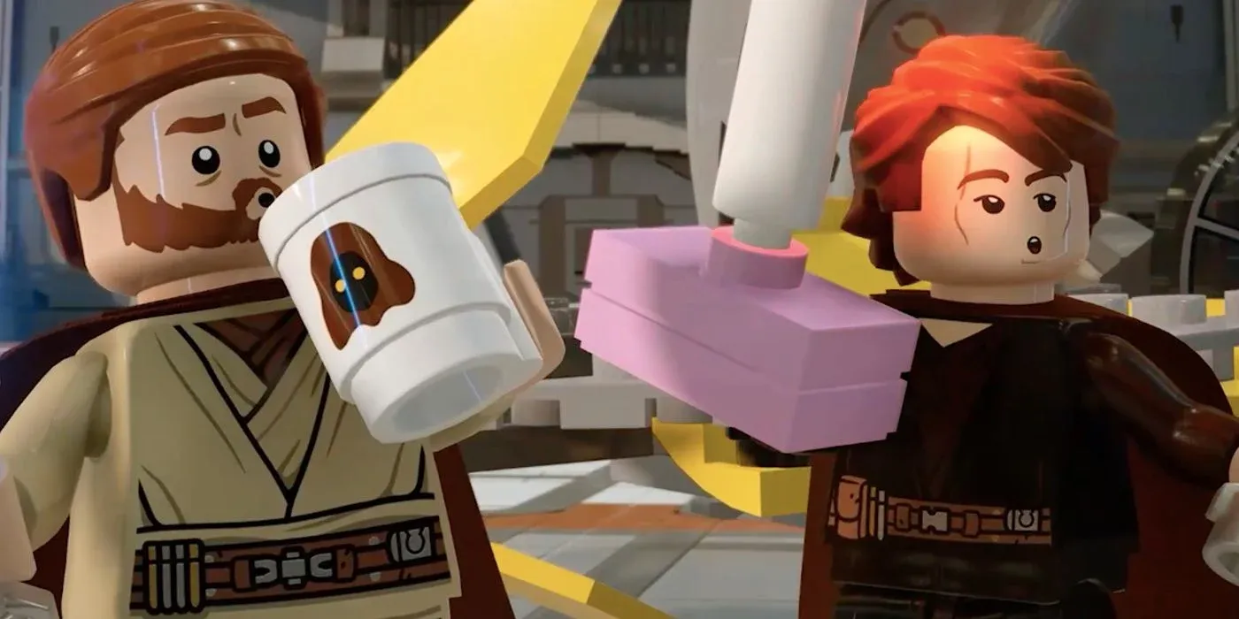 A screenshot showing Obi-Wan and Anakin in the middle of a gag in LEGO Star Wars: The Skywalker Saga