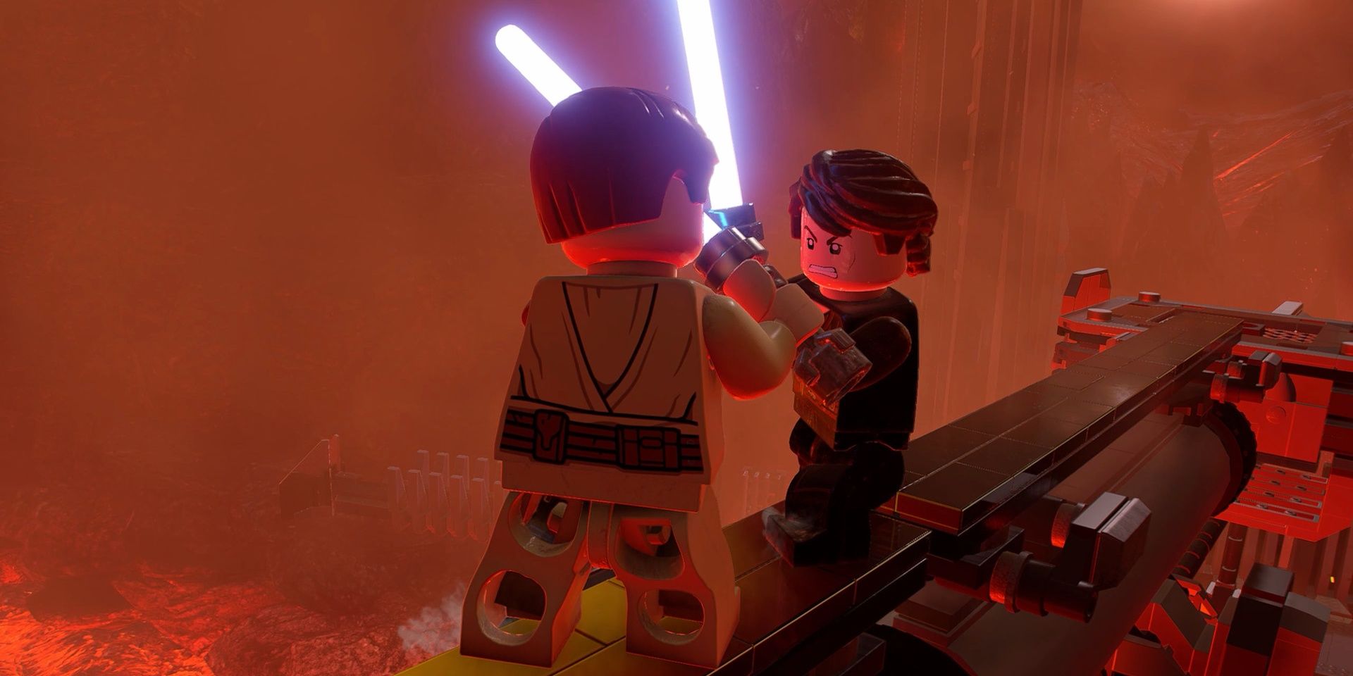 A screenshot showing Obi-Wan fighting Anakin in Mustafar in LEGO Star Wars: The Skywalker Saga