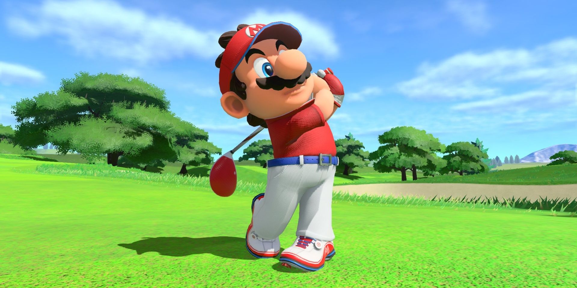 A screenshot showing Mario swinging a golf club in Mario Golf: Super Rush
