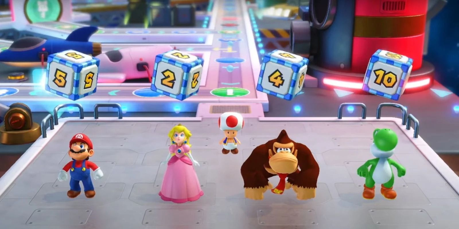 A screenshot showing Mario, Peach, Donkey, Yoshi and Toad about to hit dice in Mario Party Superstars