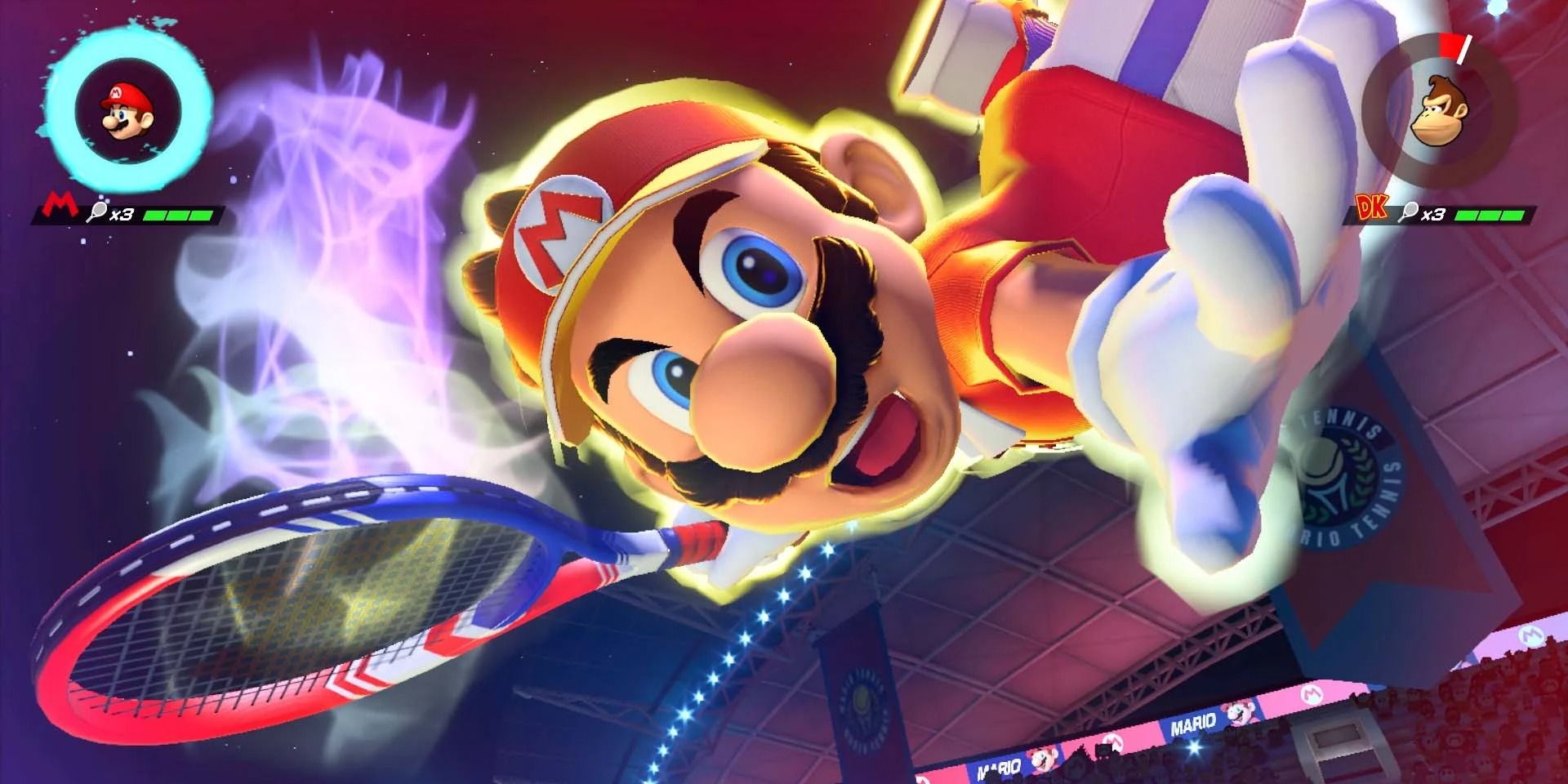 A screenshot showing Mario performing a special move in Mario Tennis Aces