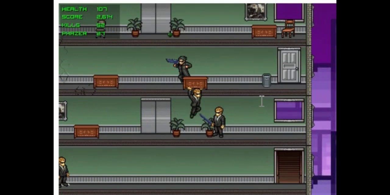 A player fights Smith agents in Matrix Rampage flash game