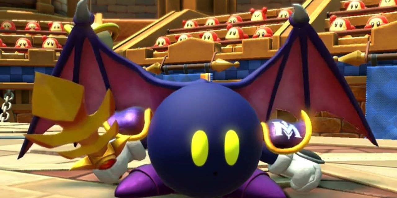 Meta Knight in the colosseum without his mask and waddle dees cheering him on