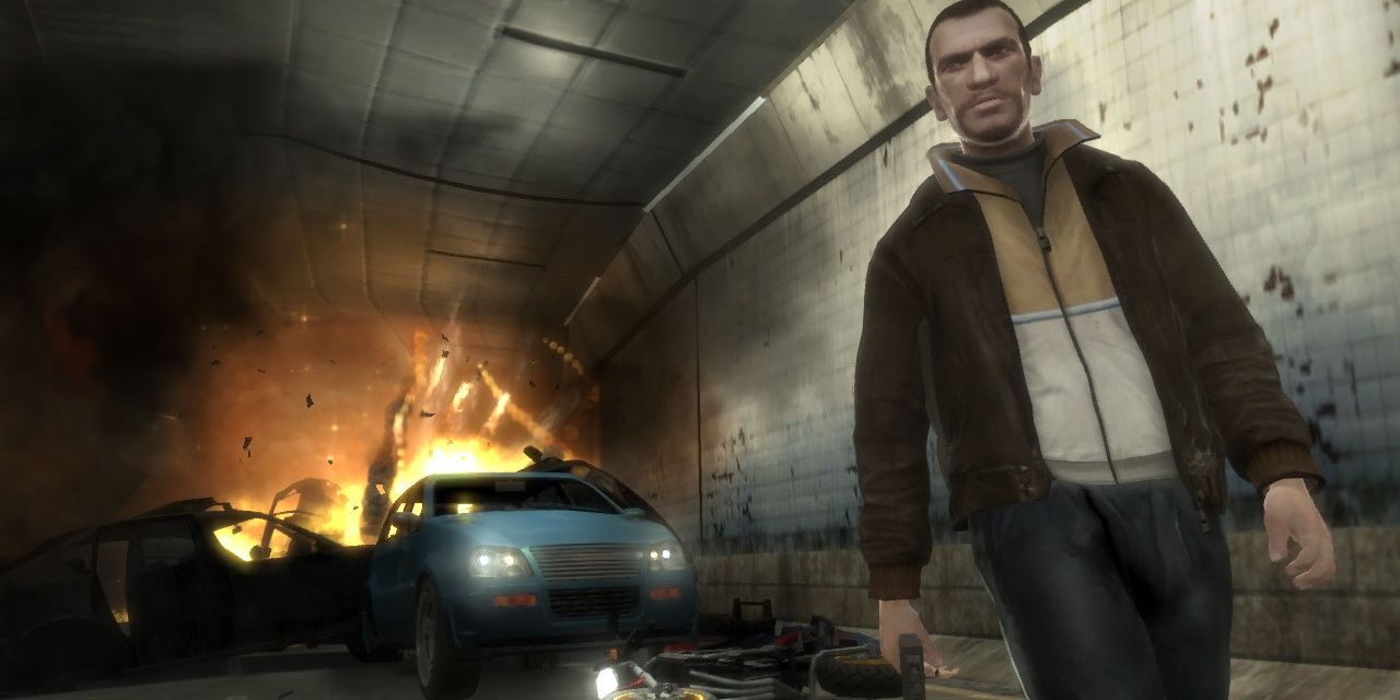 A car erupts in flames in GTA 4