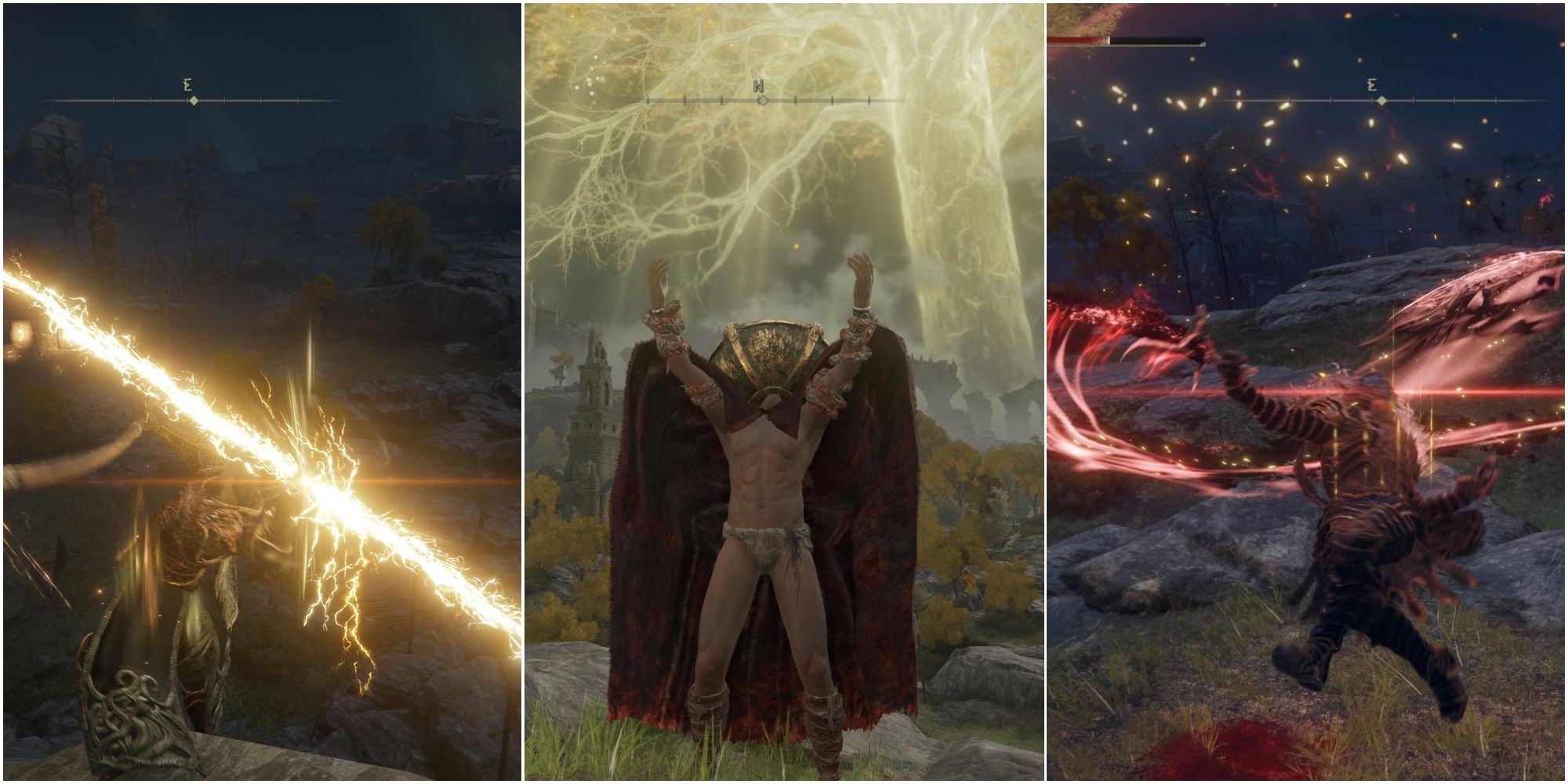 Elden Ring collage - lightning spear, rapture gesture, and black knife
