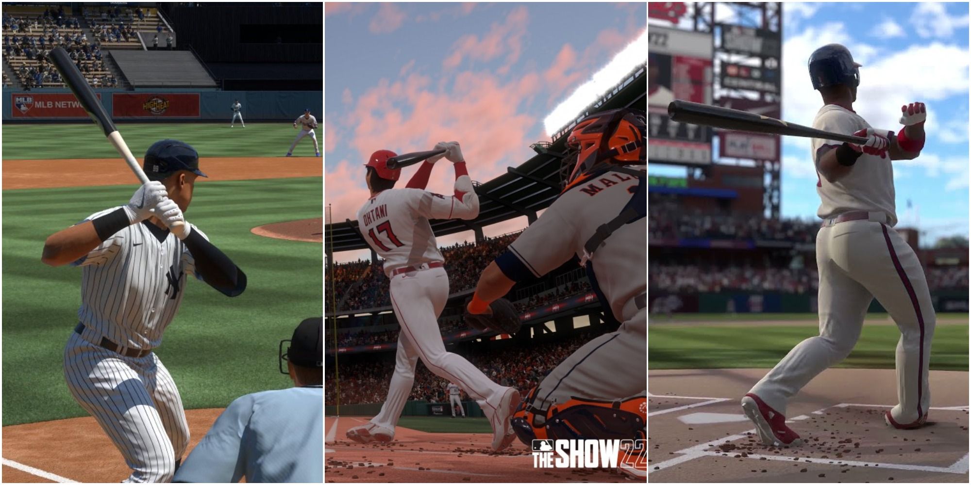 MLB The Show 22 Split Image featuring Aaron Judge, Shohei Otani, Ryan Howard