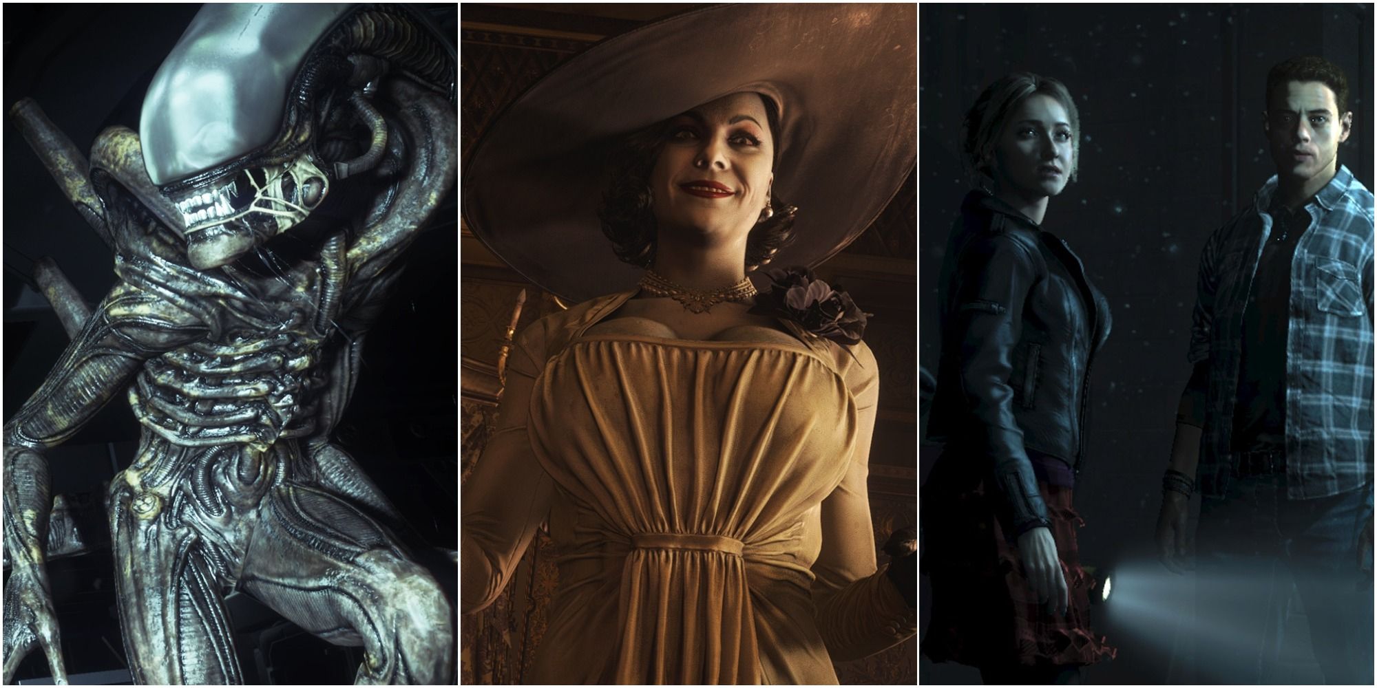 Split image of the Xenomorph from Alien: Isolation, Lady Dimitrescu from Resident Evil Village, and Sam and Josh from Until Dawn