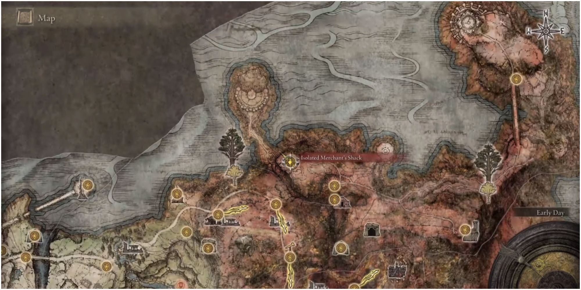 The map showing the location of Isolated Merchant Shack in Caelid.