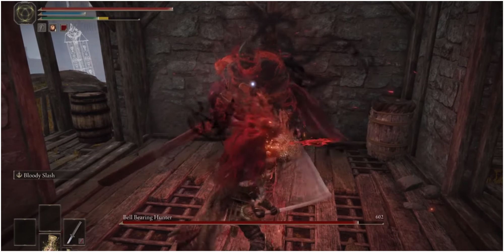 The player using a melee weapon to attack the boss. 