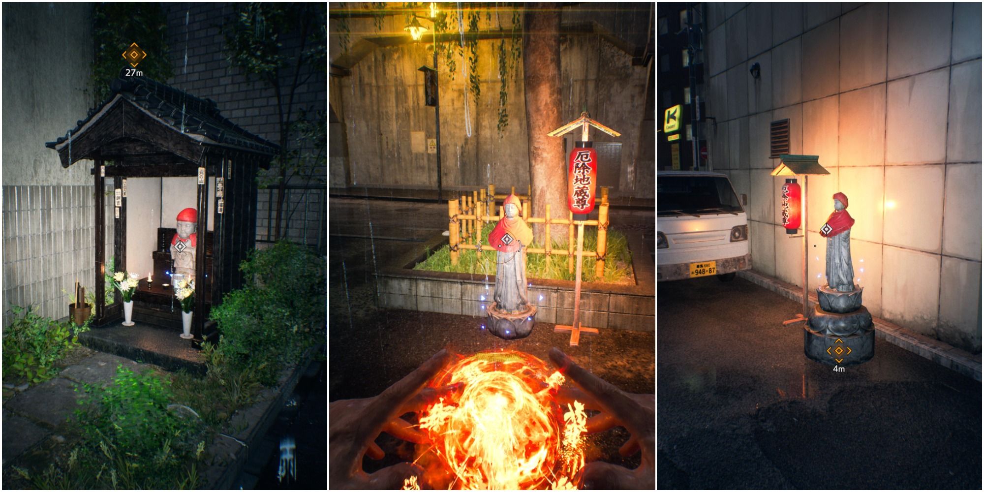 Ghostwire Tokyo - collage of three different Fire Jizo