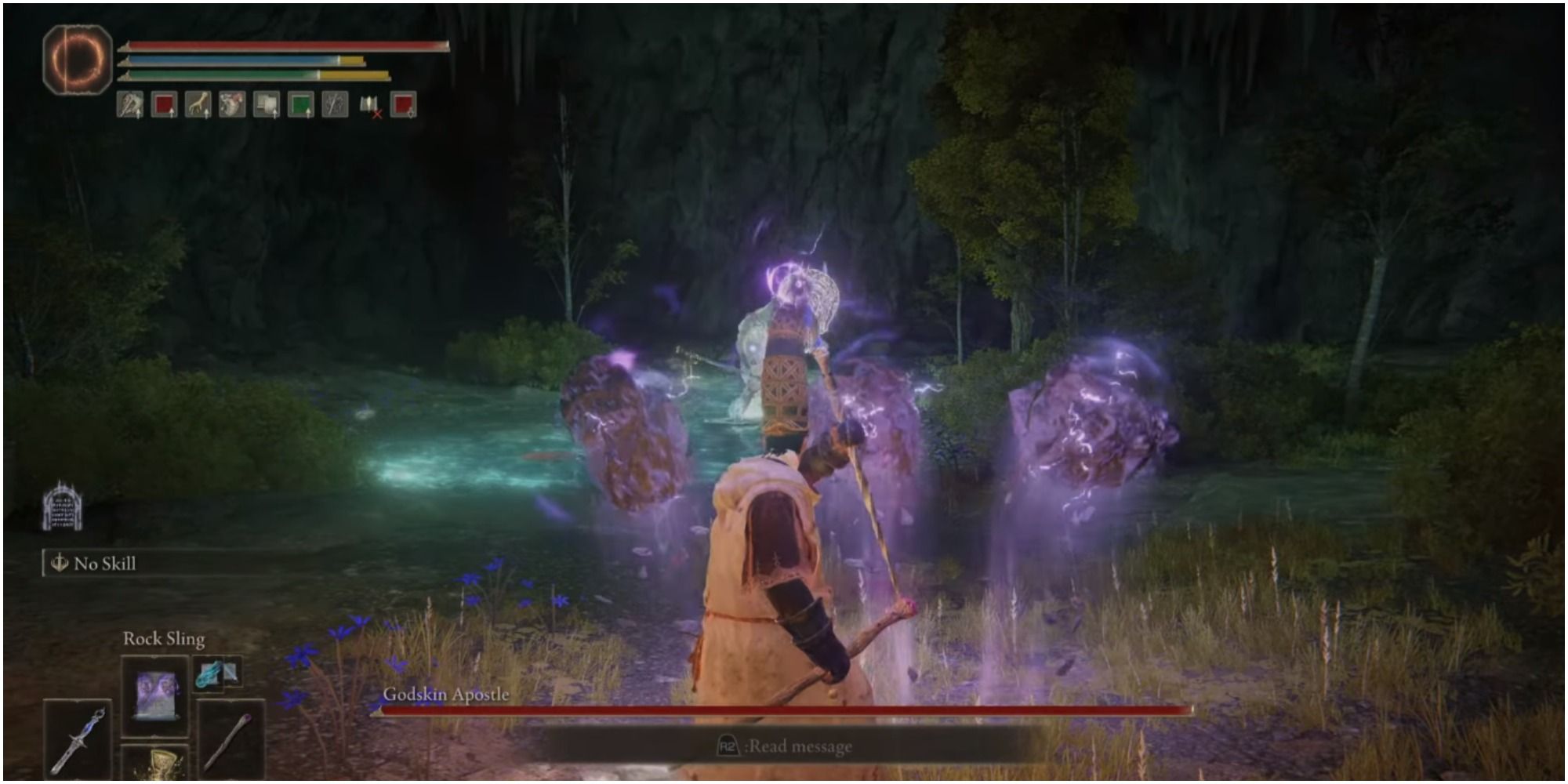 The player using Sorcery on the boss.