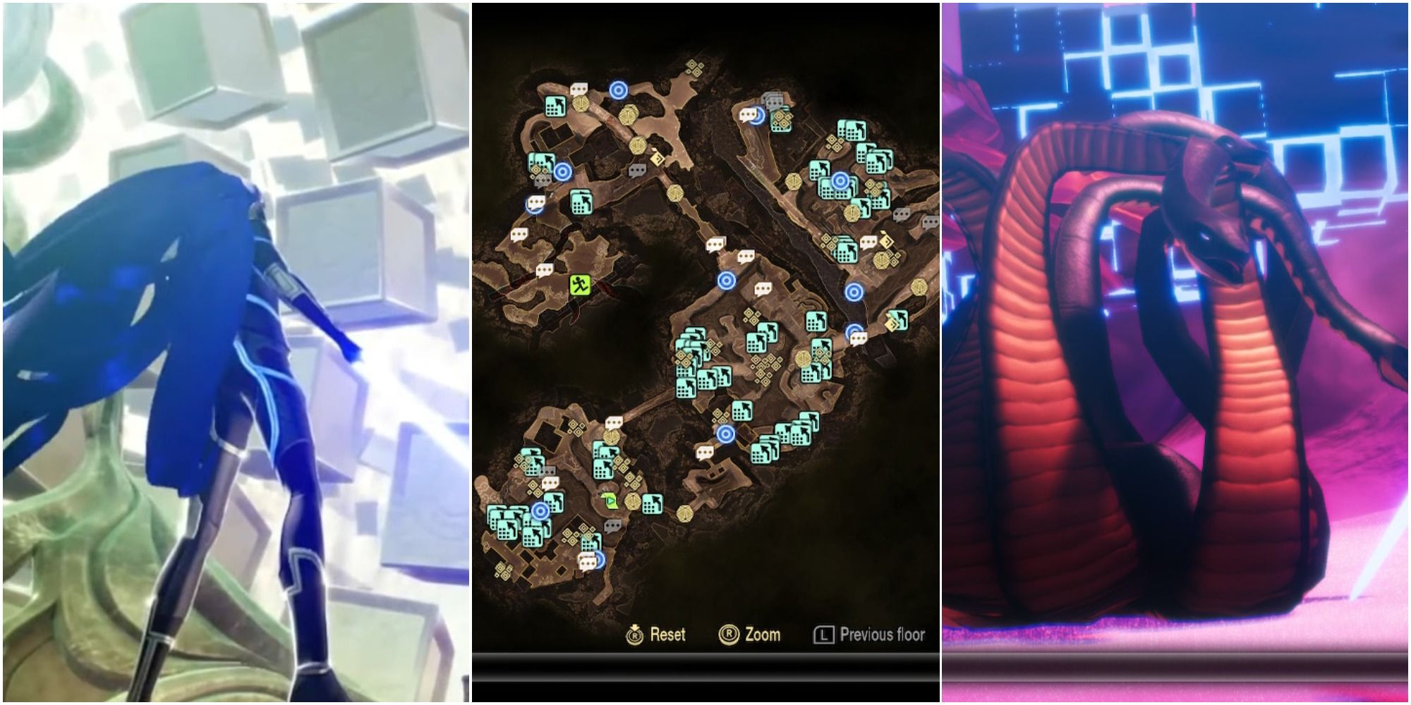 SMT 5 - collage of nahobino, chiyoda ward, and an abscess