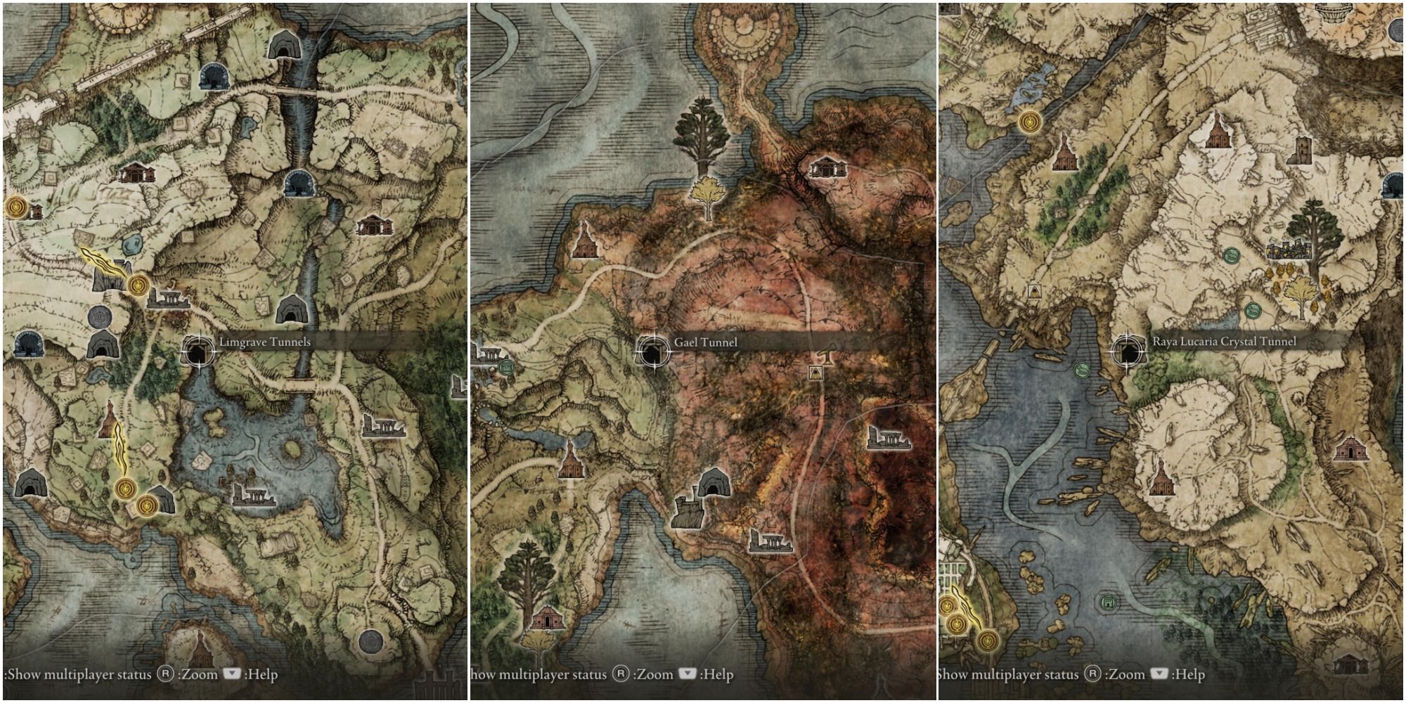 Elden Ring - collage of mining tunnel map locations