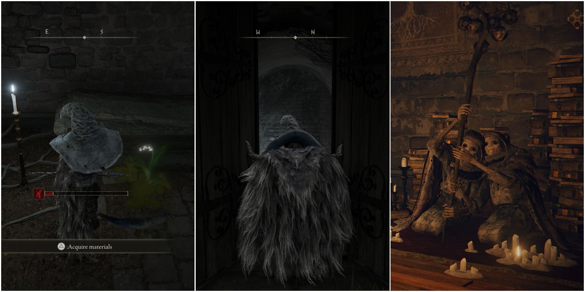 Elden Ring - collage of glovewort, catacomb opening, and merchant