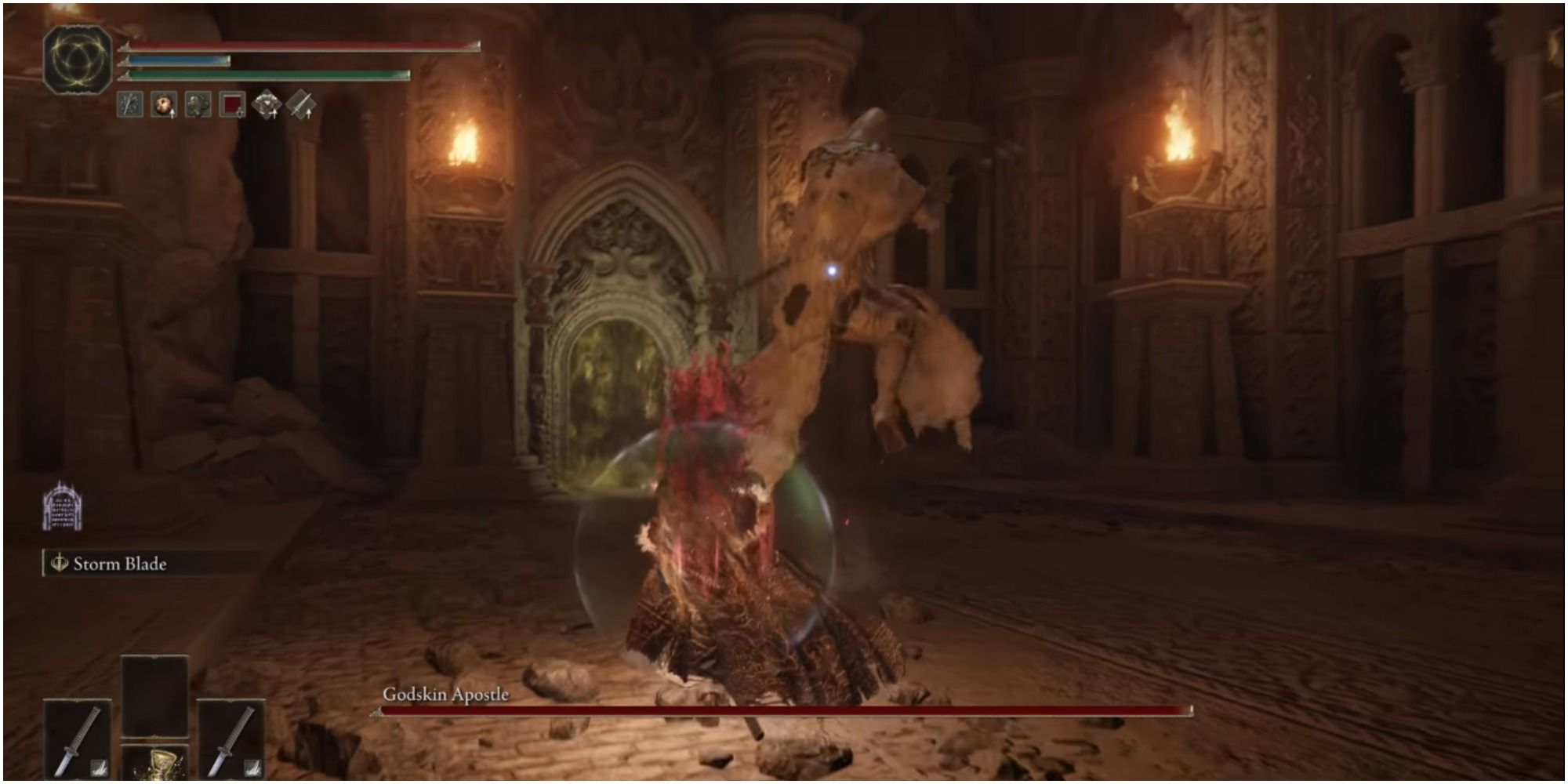 The player approaching the boss underneath the Divine Tower of Caelid.
