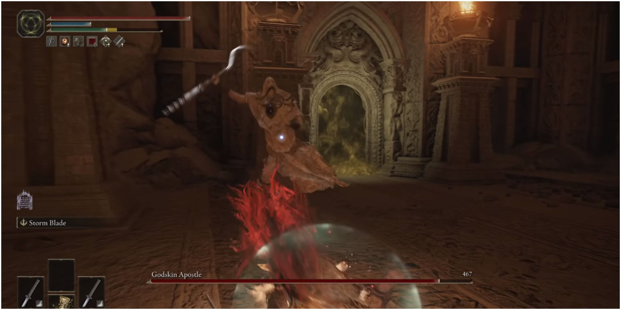 The boss about to slash the player with his Twinblade.