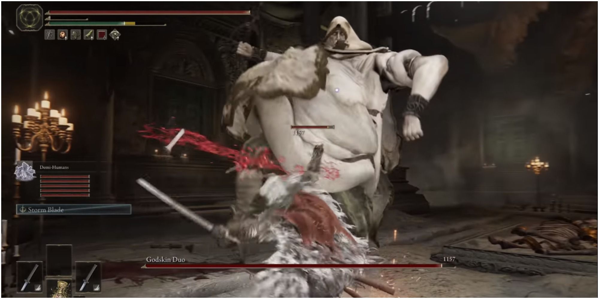 Tarnished attacking the boss with a melee weapon.