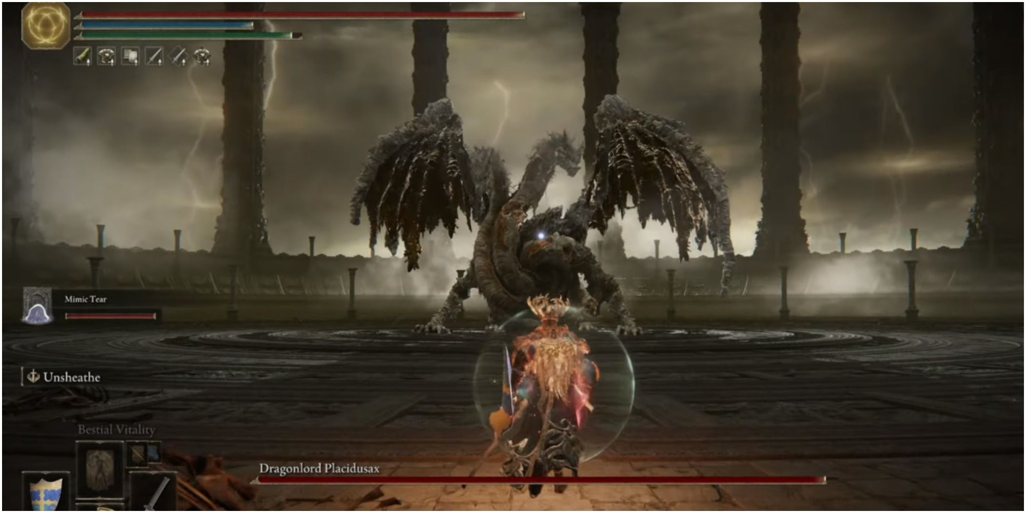 The player approaching Dragonlord Placidusax in Crumbling Farum Azula.