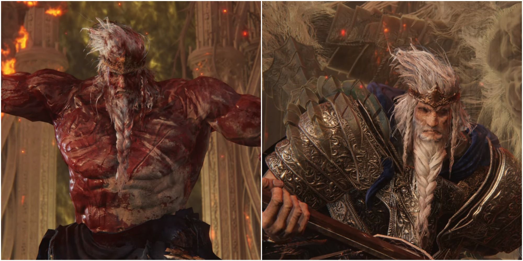 Split images showing Godfrey, the first Elden Lord.