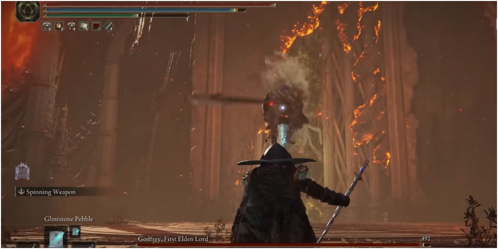 Godfrey throwing an Axe on the player.