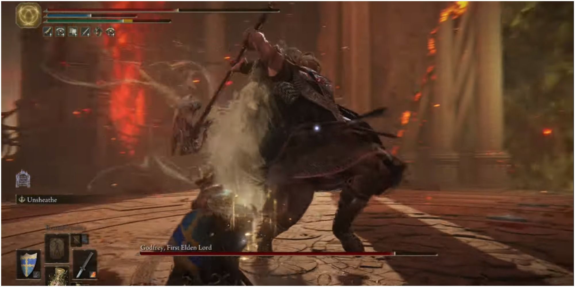 Godfrey spinning his axe above his head.