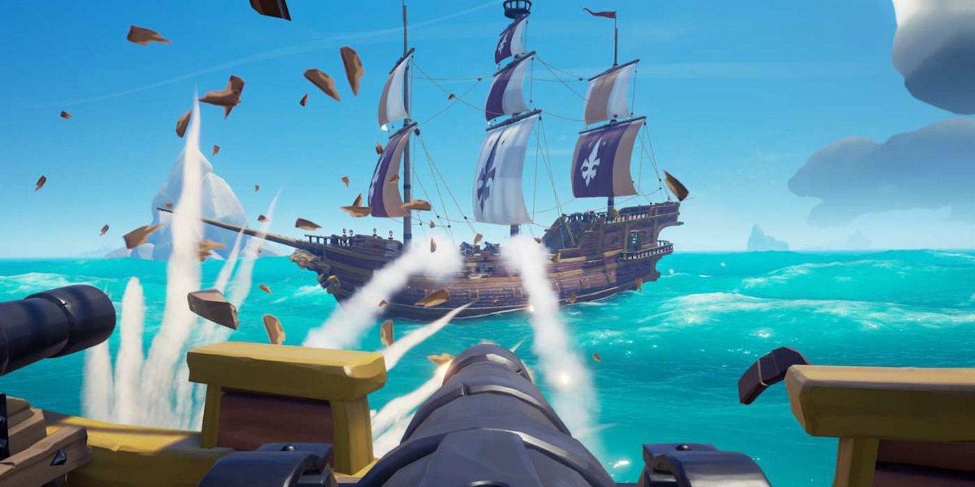 A sea of ​​thieves firing cannons at another ship