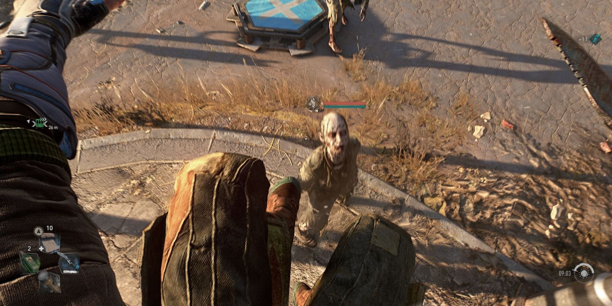 The player jumping over a zombie.