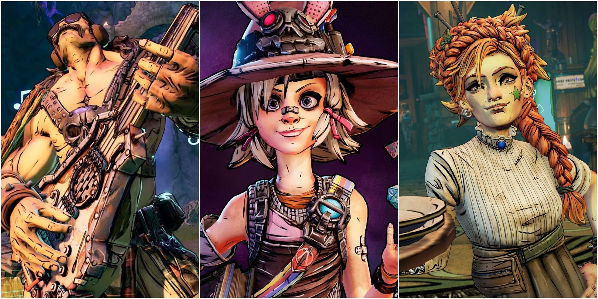 A split image from left to right: Torgue playing his lute, Tiny Tina throwing dice into the air, Izzy holding a tray of non-alcoholic soda