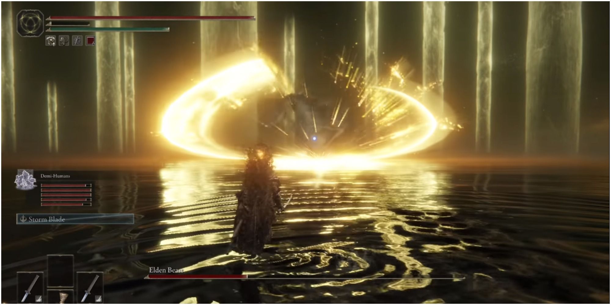 Elden Beast shooting holy beams through its Sword.