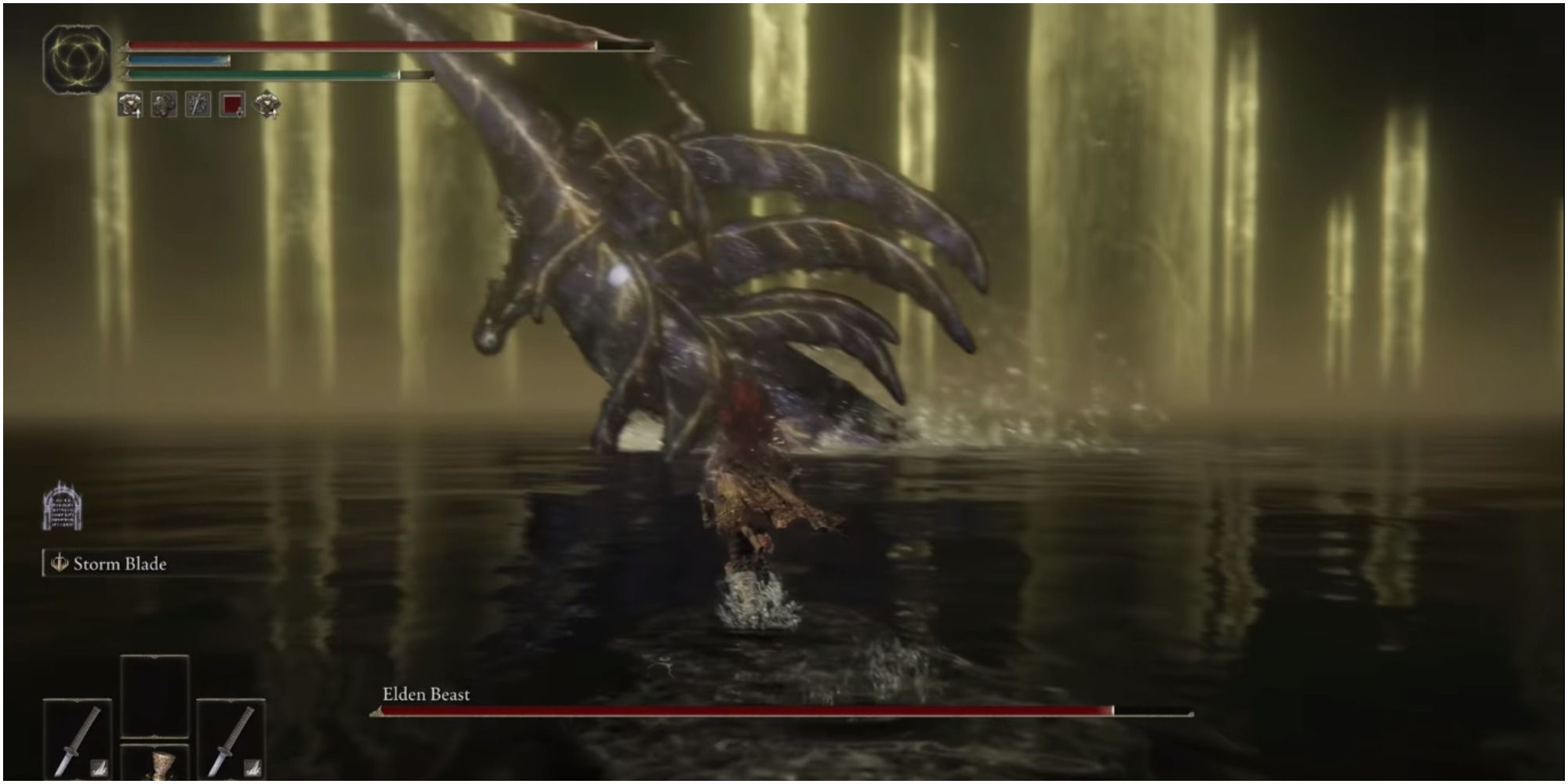 The boss attacking the player with its sword. 