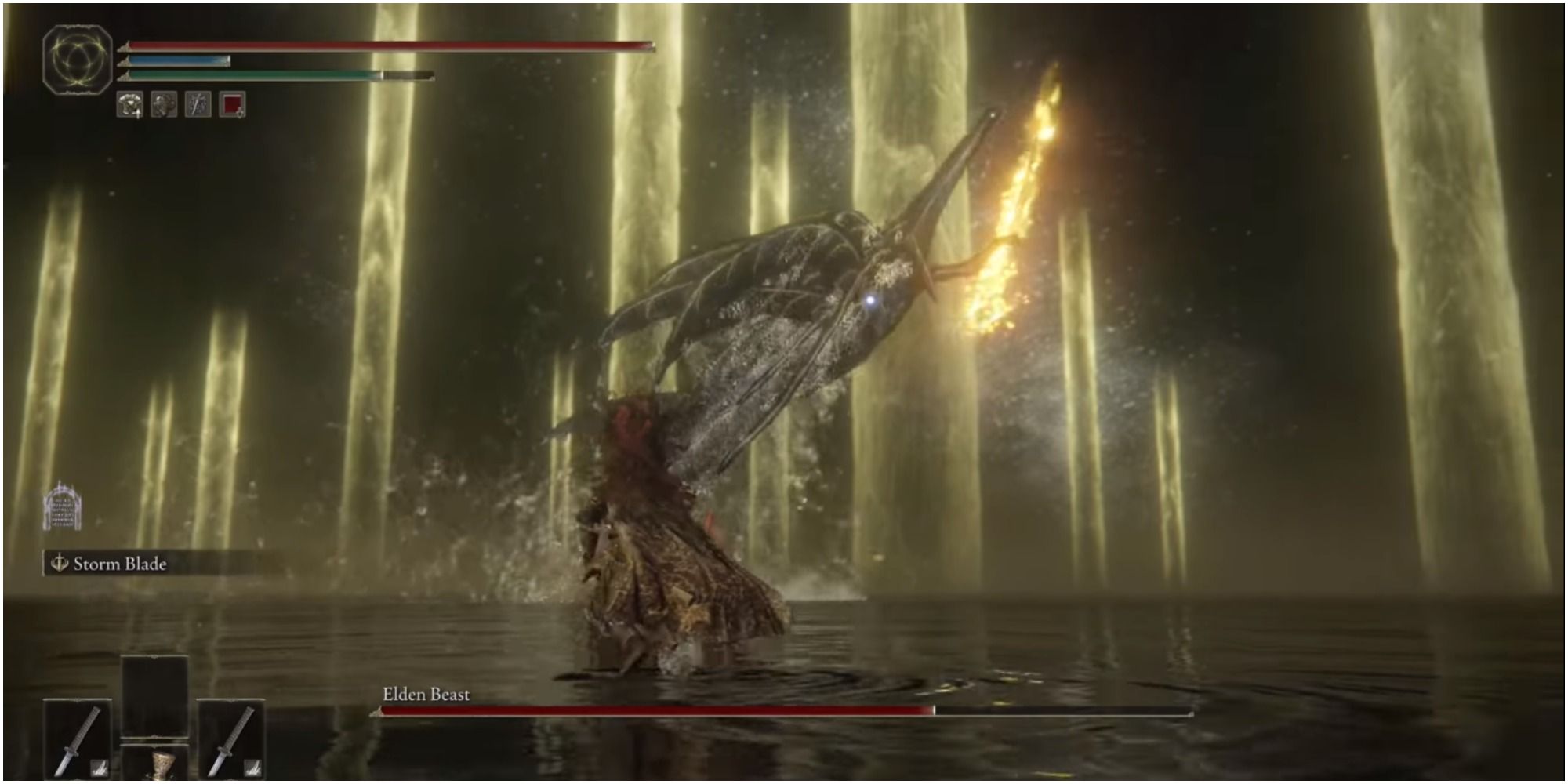 The boss flying in the air and attacking the player with its flaming sword.