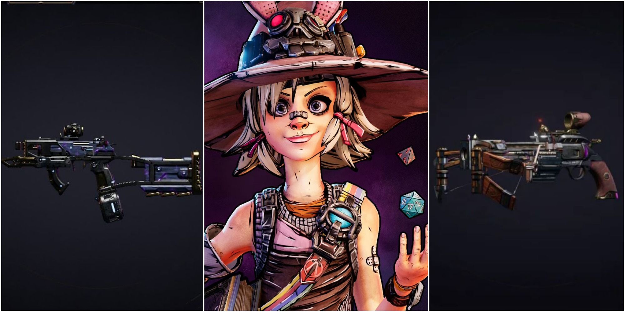 A split image from left to right: Perceiver pistol, Tiny throwing dice into the air, and Masterwork Handbow Pistol