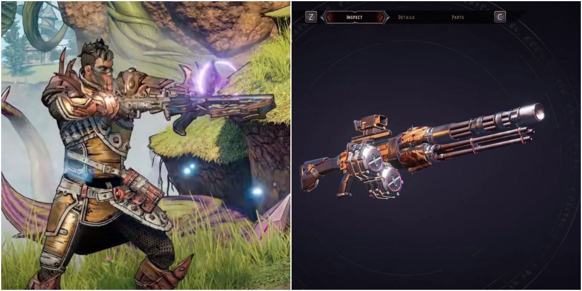 Split image of player firing a weapon in Tangledrift and the Manual Tranmission assault rifle