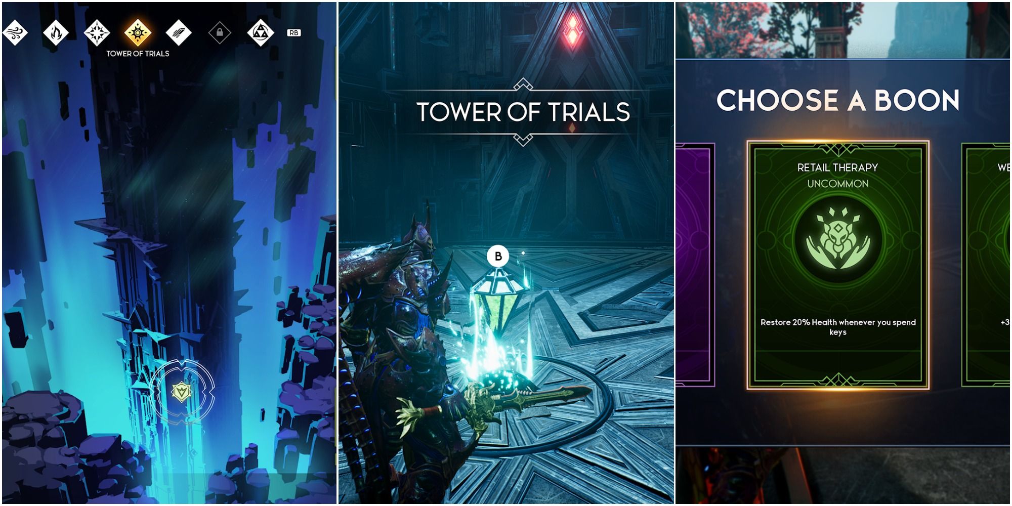 Godfall collage of tower of trials map, tower of trials main chamber, and tower of trials boon reward