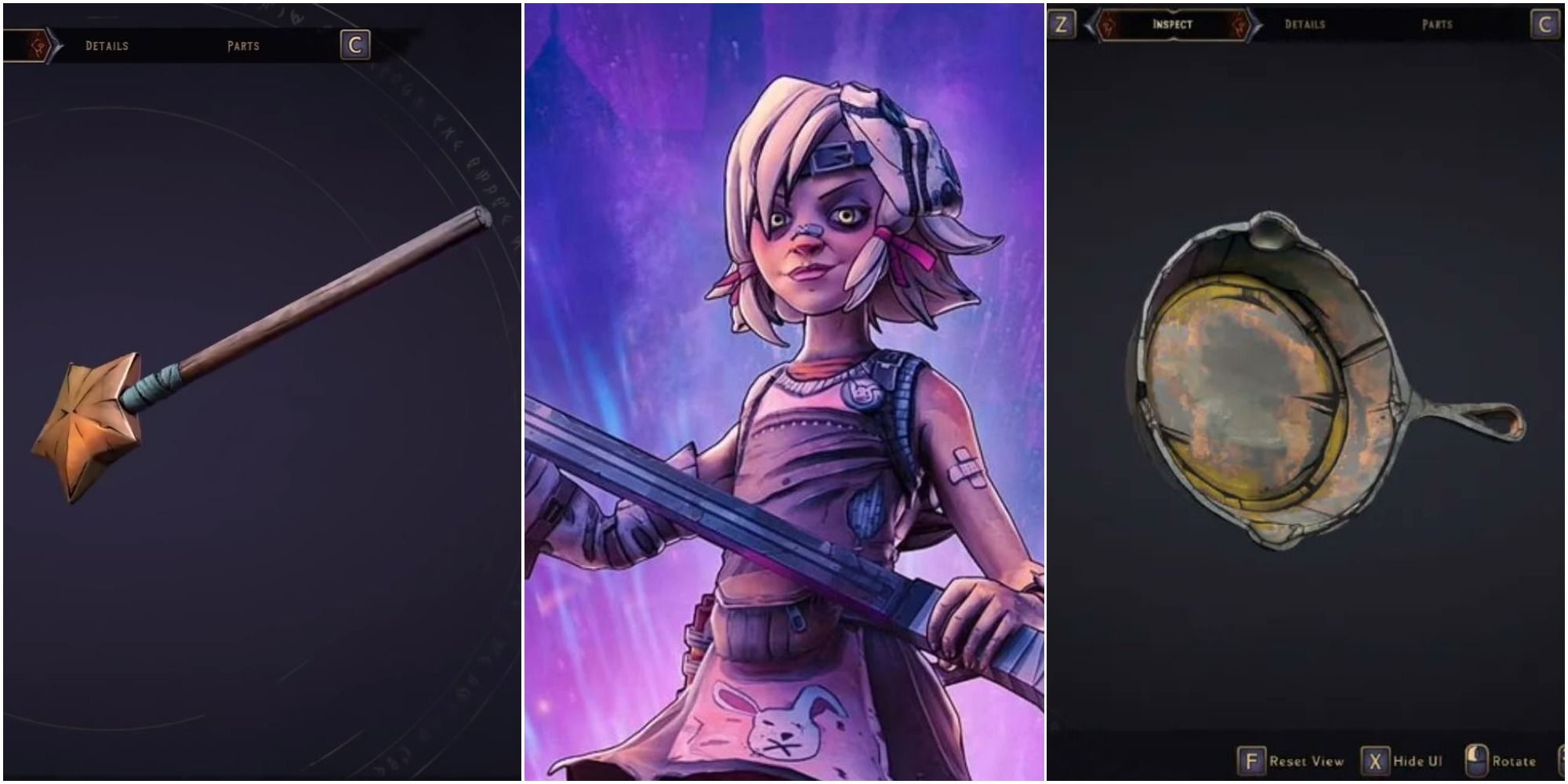 A split image from left to right: the Spellblade, Tiny Tina wielding a giant axe on a purple background, and the Frying Pan