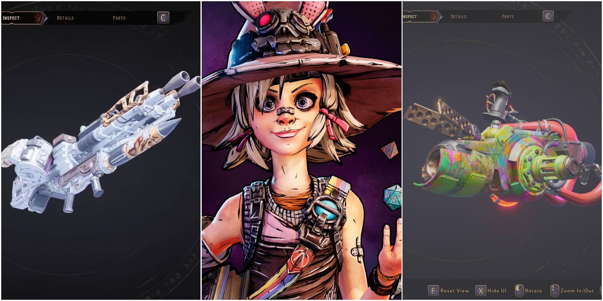 split image from left to right: the Delugeon heavy weapon, Tiny Tina throwing dice into the air, and the Bedlam heavy weapon