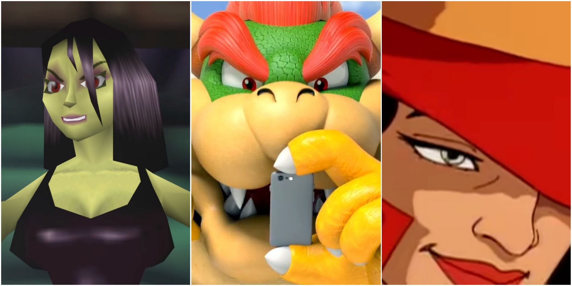 A collage of images, showing Gruntilda being hot, Bowser taking a selfie, and Carmen Sandiego smiling mysteriously