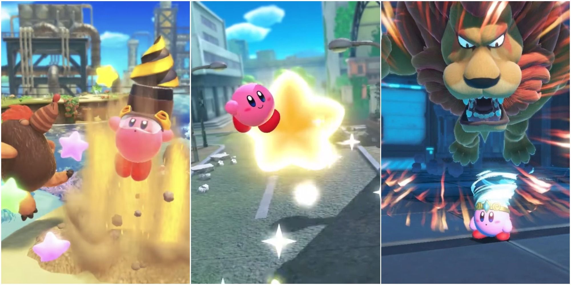 Kirby using his drill ability on a beach, kirby riding a start through a city, wind kirby being attacked by Leongar