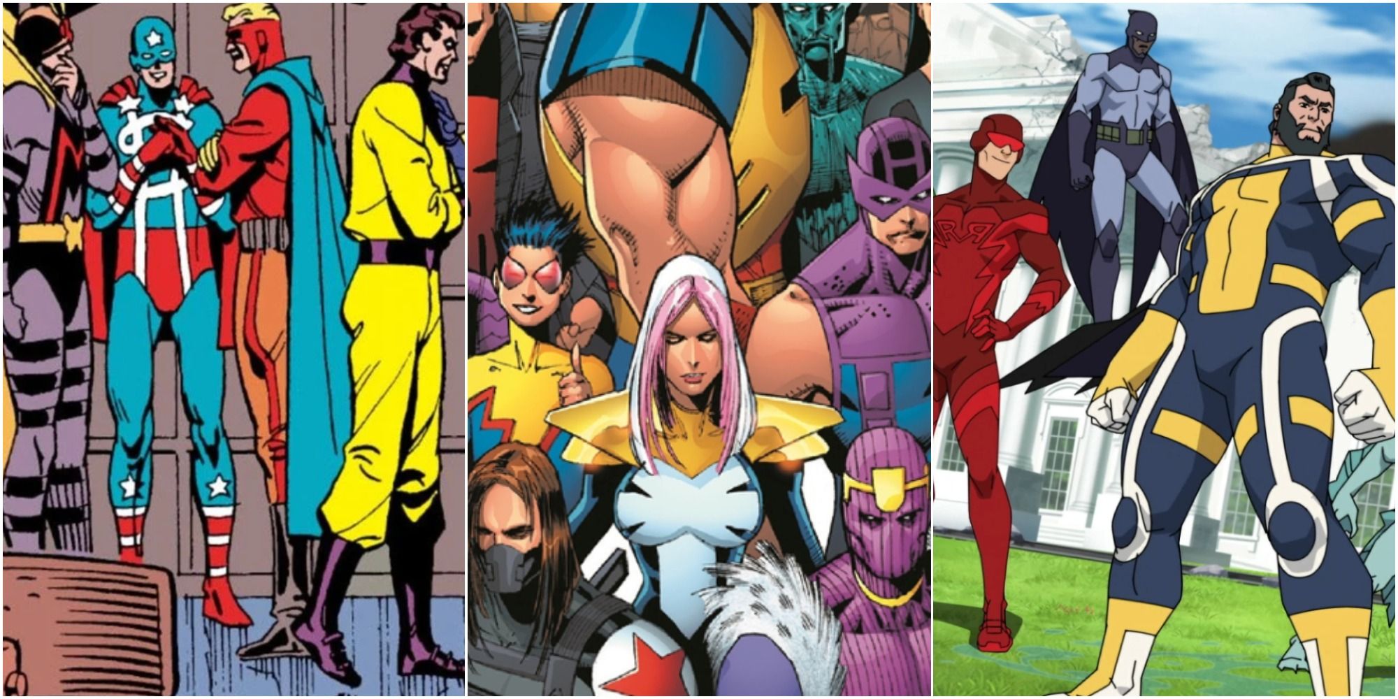 on the left are the Minutemen from Watchmen, in the middle are the Thunderbotls and on the right are The Guardians of the Globe from Invincible