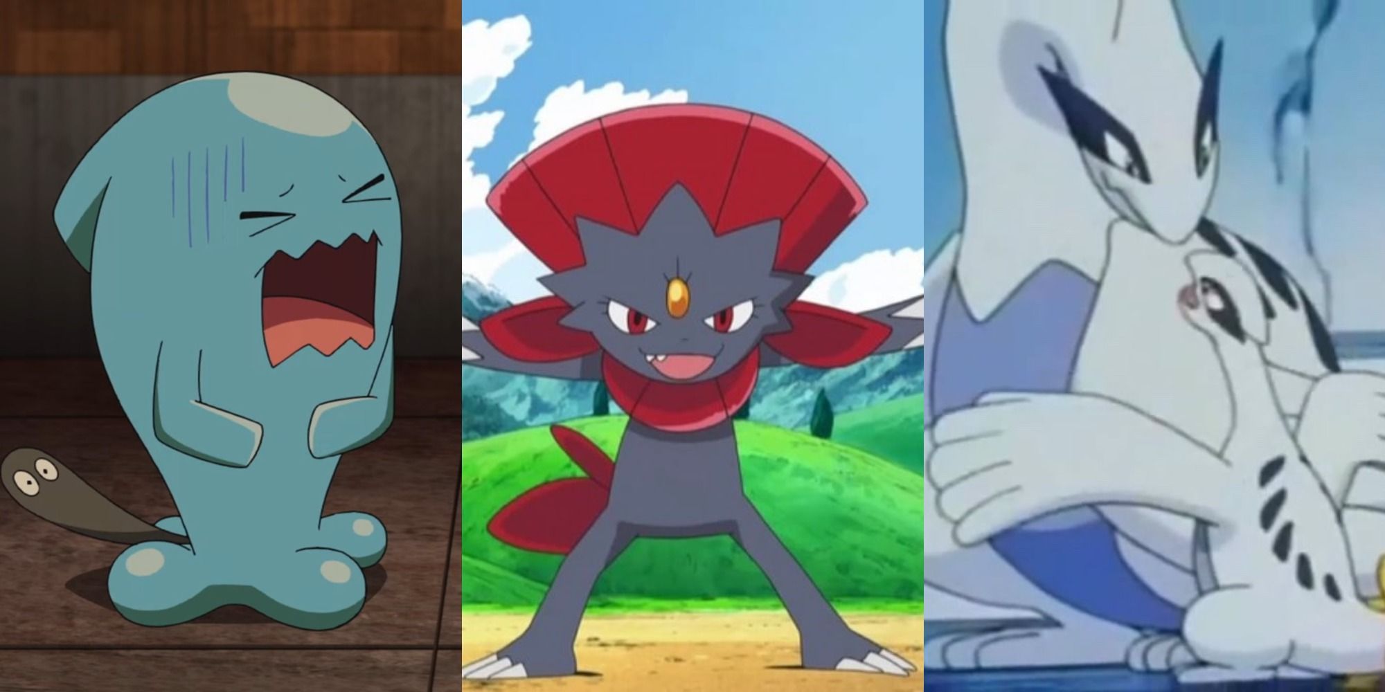 From left to right: Wobbuffet looking distraught, Weavile jumping into action, Lugia with its baby