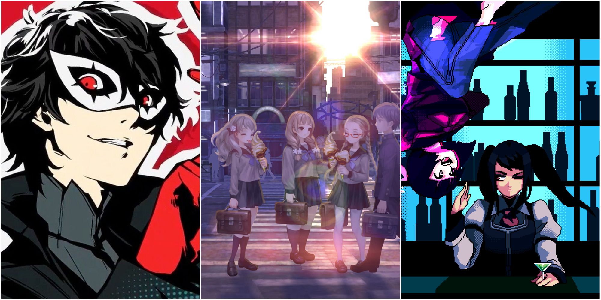 A collage of images from Persona 5, 13 Sentinels: Aegis Rim, and VA-11 Hall-A