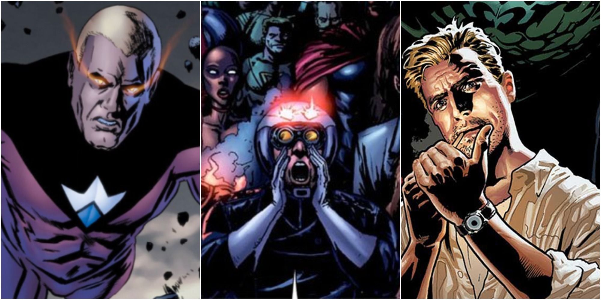 on the left is The Plutonian from Irredeemable, in the middle is Five-Oh from The Boys and on the right is John Constantine from Justice League Dark
