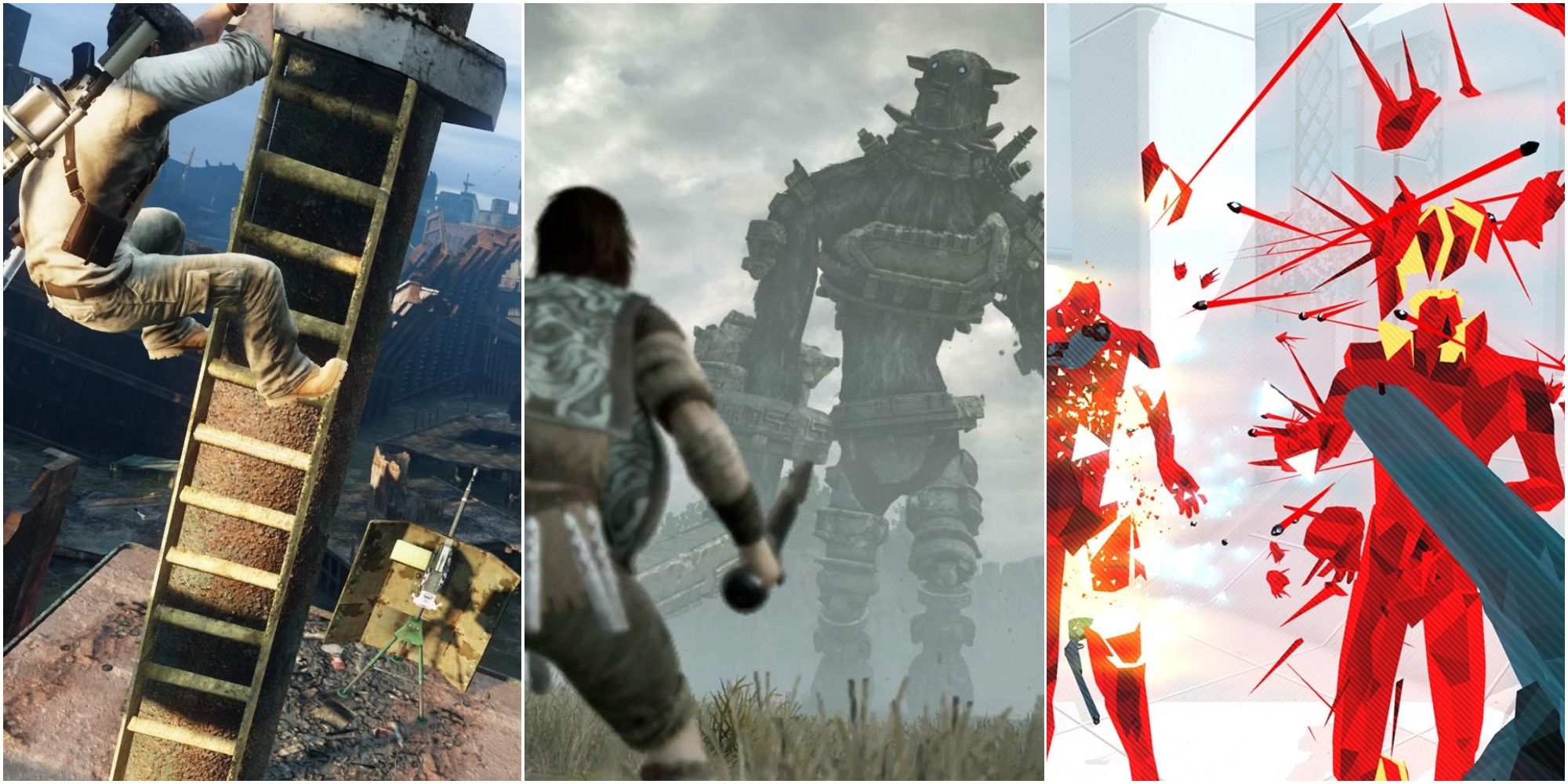 Uncharted 3, Shadow of the Colossus, and SUPERHOT in this split feature image