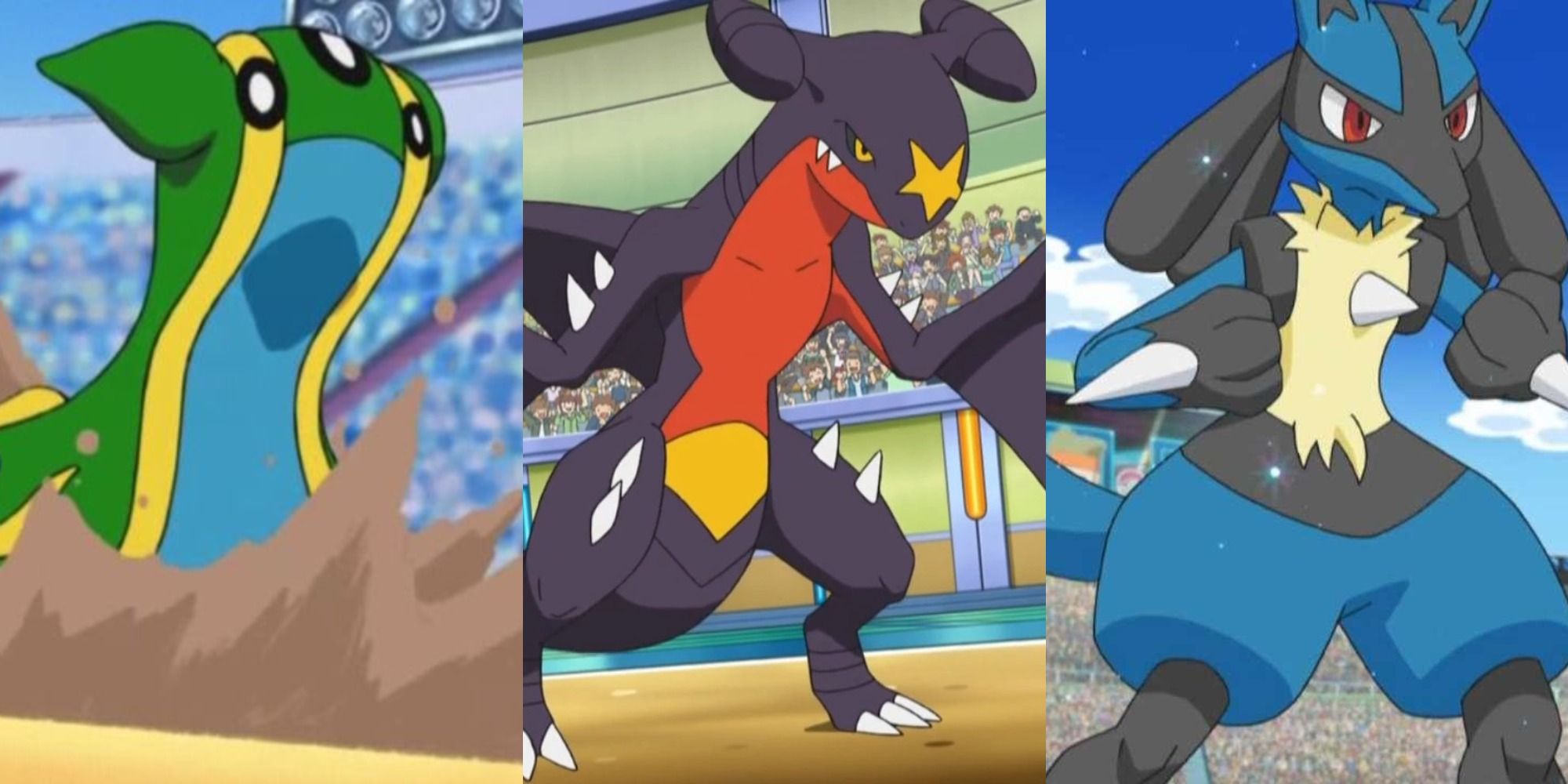 Pokemon Gastrodn, Garchomp, and Lucario all in a stadium