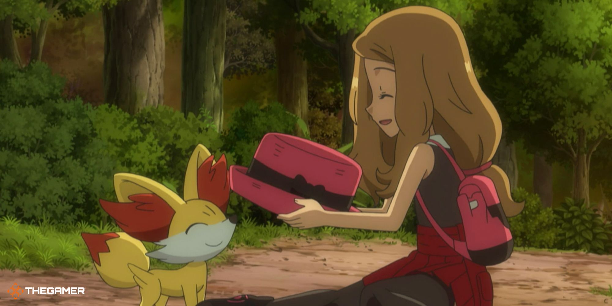 Serena holds her hat while laughing with her Fennekin.