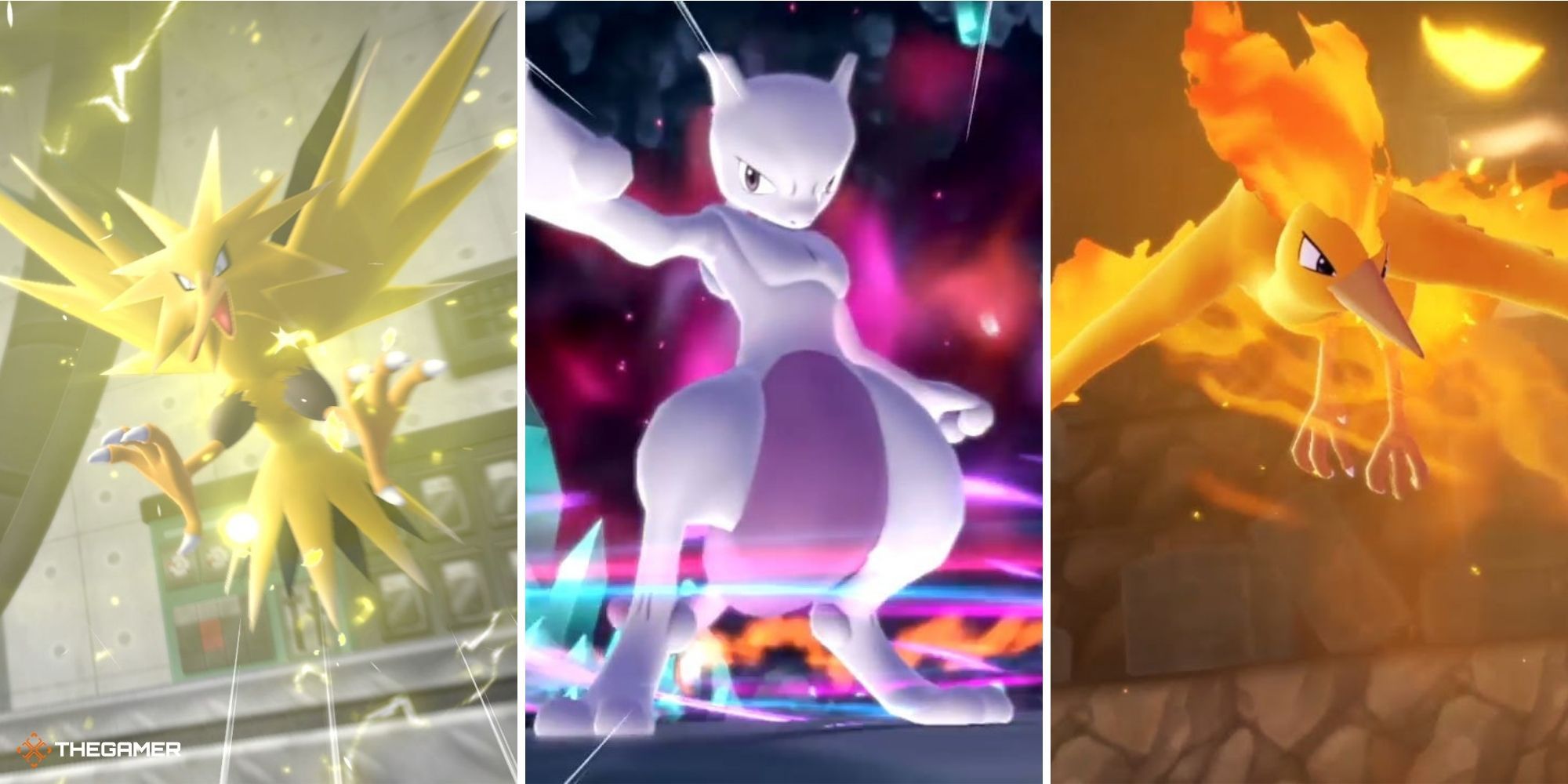 pokemon from let's go pikachu and eevee - zapdos left, mewtwo centre, moltres right
